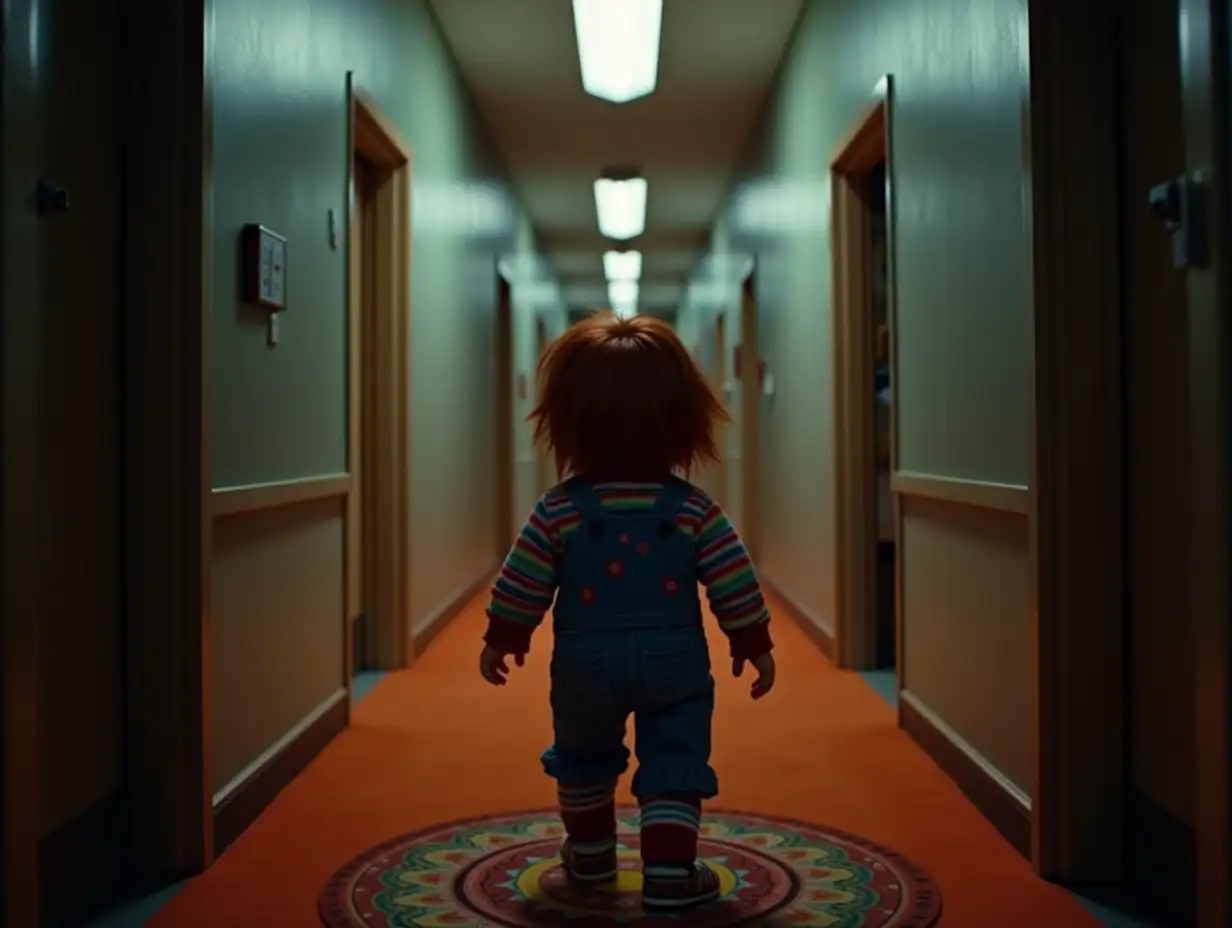 ChChucky-doll-in-hallwayucky-Doll-Walking-Down-a-Hallway-in-The-Shining-Setting-with-Warm-Light