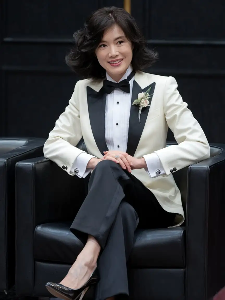 Elegant-Chinese-Woman-in-Ivory-Tuxedo-Smiling-in-a-Dark-Room