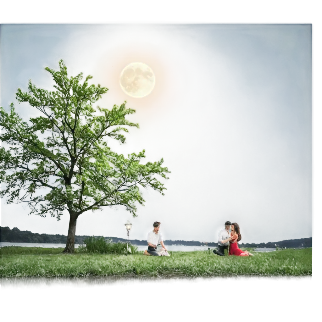 A man sitting on his knees giving rose to the woman under the tree to the riverside in full moon night in landscape form