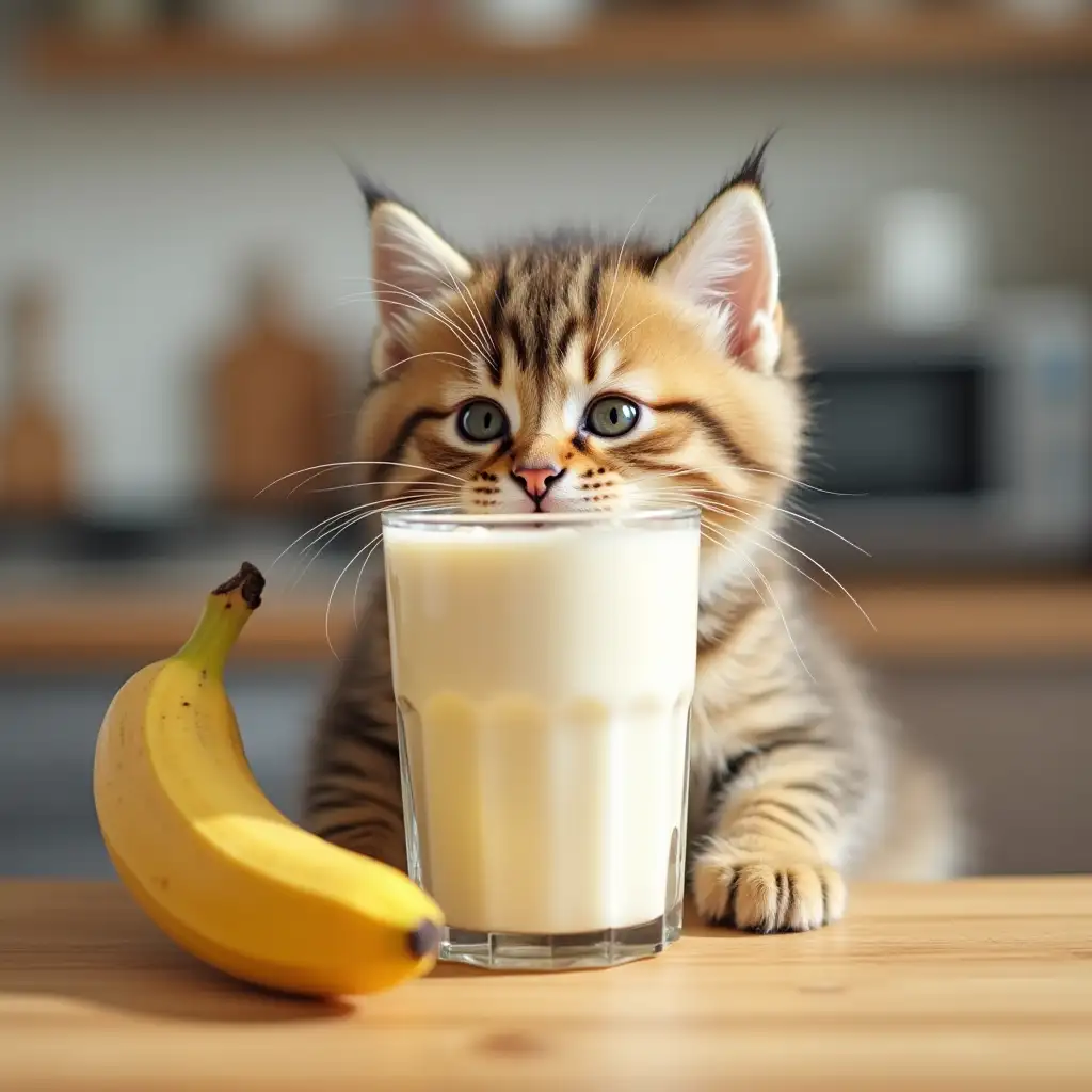 Kitten-Drinking-Banana-Milkshake-in-Cozy-Kitchen-Setting