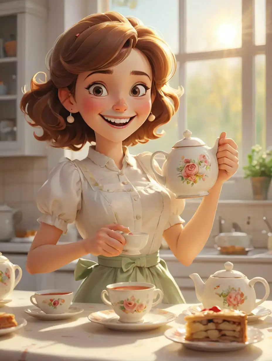 Cartoon-Maiden-Pouring-Tea-and-Serving-Pie-in-a-Bright-Kitchen