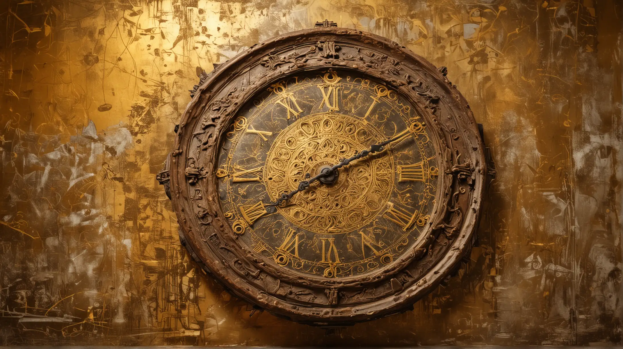 Ancient Clock with Intricate Gold Graffiti Background