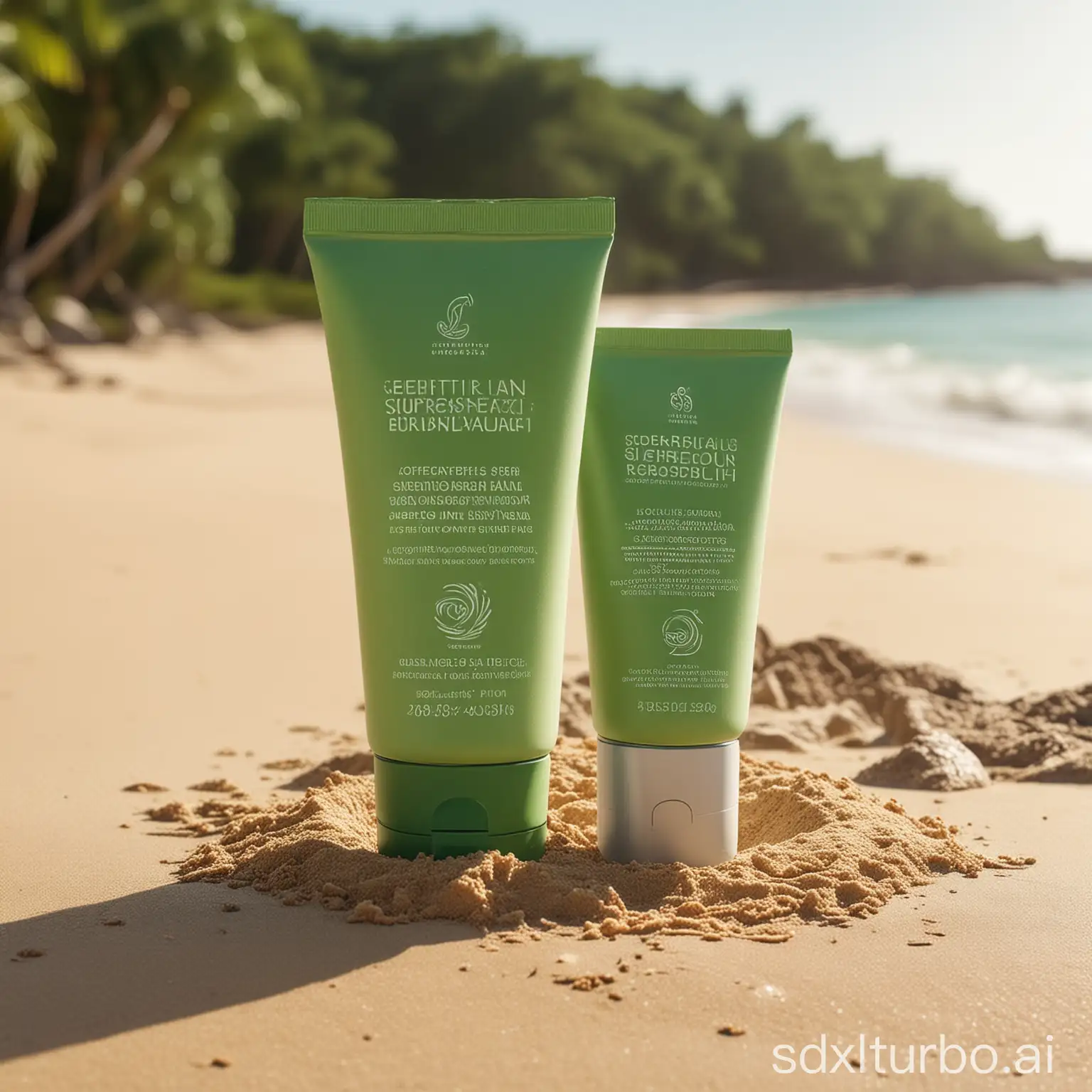 HighQuality-Green-Sunscreen-Tube-on-Sandy-Beach