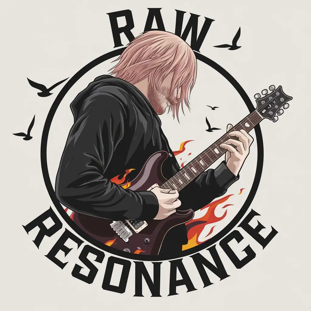 LOGO Design for Raw Resonance A Guitarist with Reddish Hair and Fiery PRS Guitar