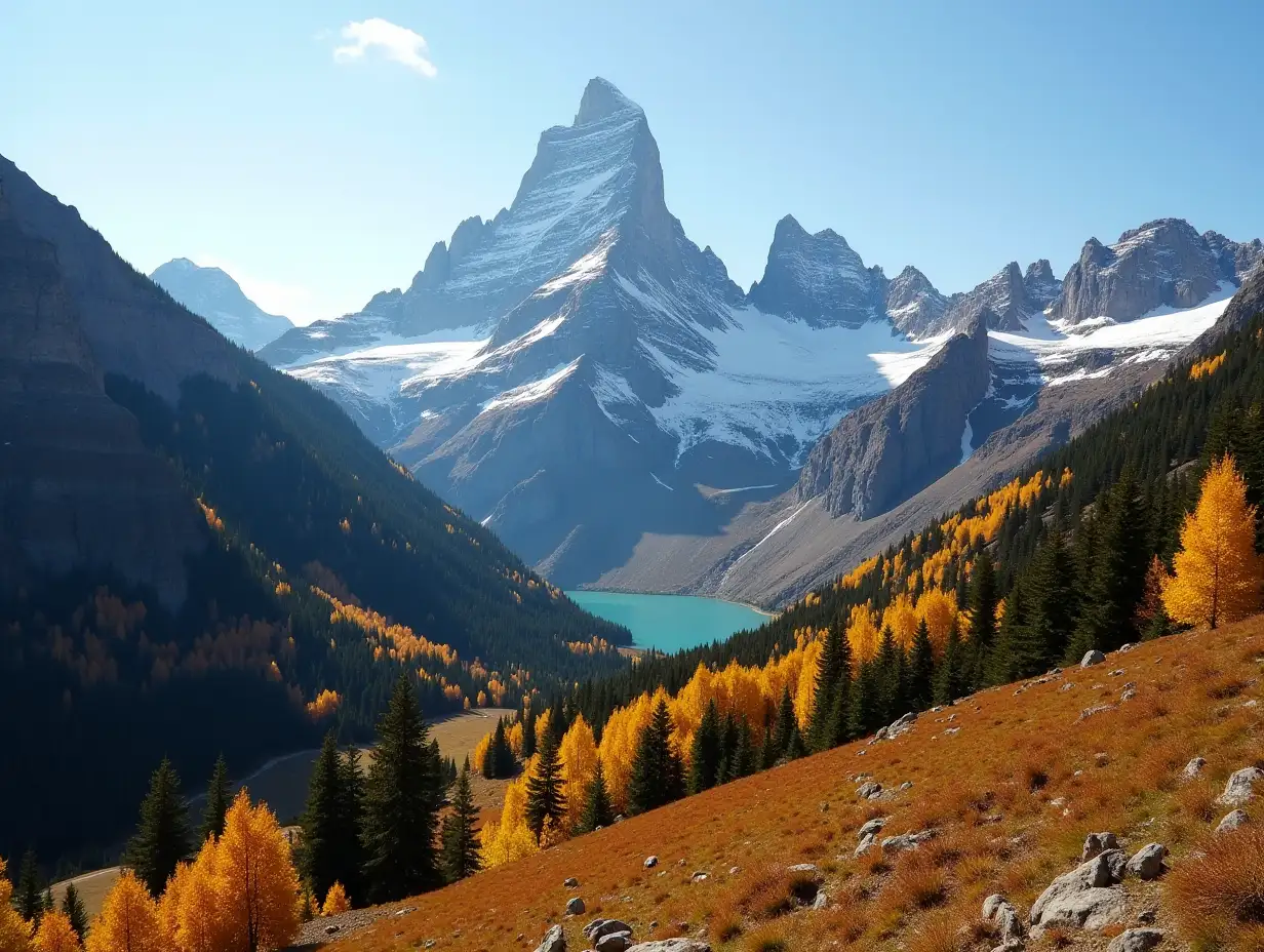 Beautiful mountain landscape with autumn forest. Alpine scenery - Julian Alps