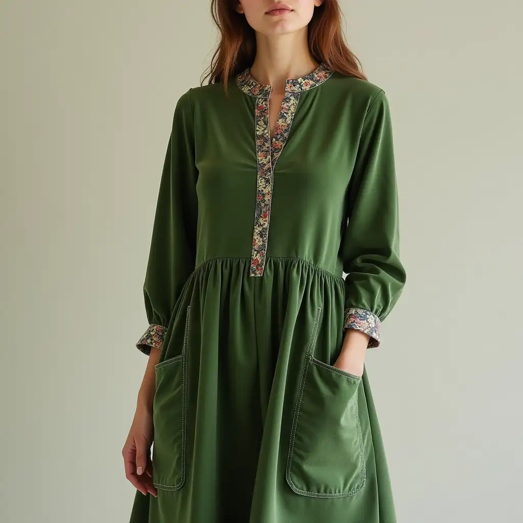 Design a warm green velvet dress combining boho and casual styles. The dress features a straight bodice with a waistline seam and simple straight darts that optionally extend into the armhole. The neckline is wide and collarless, finished with a facing made of printed cotton in the same green color, decorated with a tiny floral or abstract pattern for a subtle contrast. The full-length sleeves are straight, with an elbow dart, and include cuffs lined with the same printed cotton, visible as a small turn-up or a slit. The dress is fastener-free, relying on the wide neckline for ease of wearing. The skirt is gathered and extends to mid-calf. Side seams include trouser-style pockets lined with the same printed cotton. The hemline also has a printed cotton lining, slightly visible when the dress moves. Accessories like scarves, necklaces, bracelets, and heavy boots or sneakers enhance its versatile style. The overall design is clean, comfortable, and perfect for experimenting with various accessories.