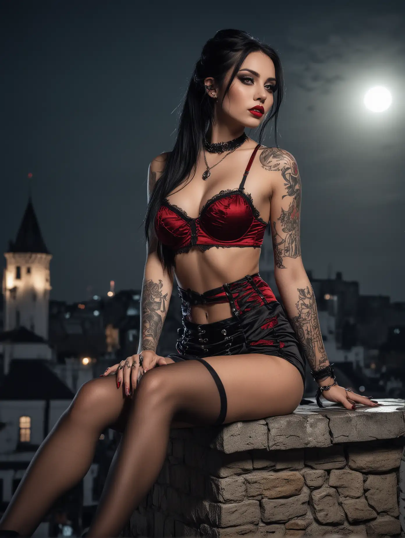 Gothic-Inked-Model-in-Red-Lingerie-Under-Moonlight-with-White-Castle-View