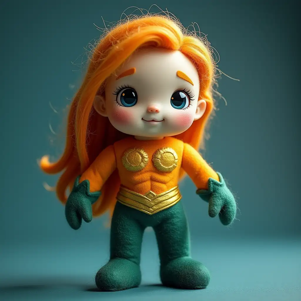 The Aquaman transformed into a cute wool felt doll. ultra-high definition. Soft woolly textures. surrealist. Front shot. Shadow play.