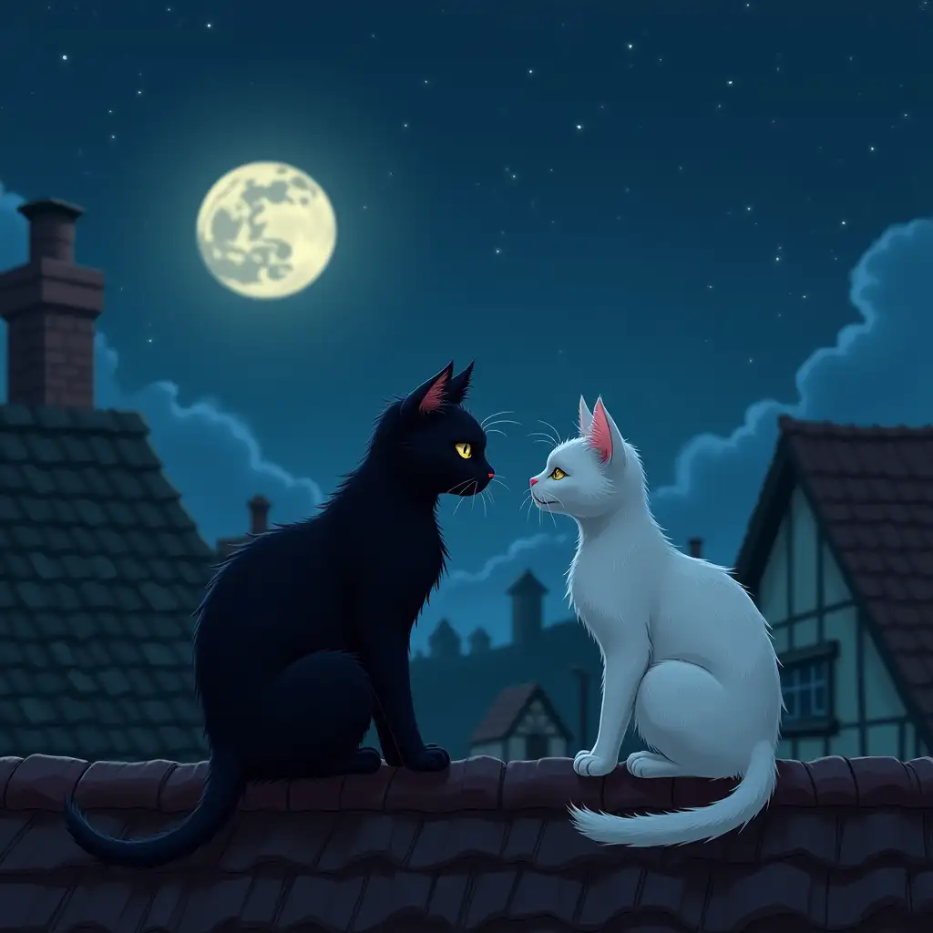 In the style of Fantasy.  A black cat and a white cat are sitting together on the roof of the house.  On the street night.  In the sky the moon shines and stars shine.  In the background of the roof of other houses.  The cat and the cat look at each other.