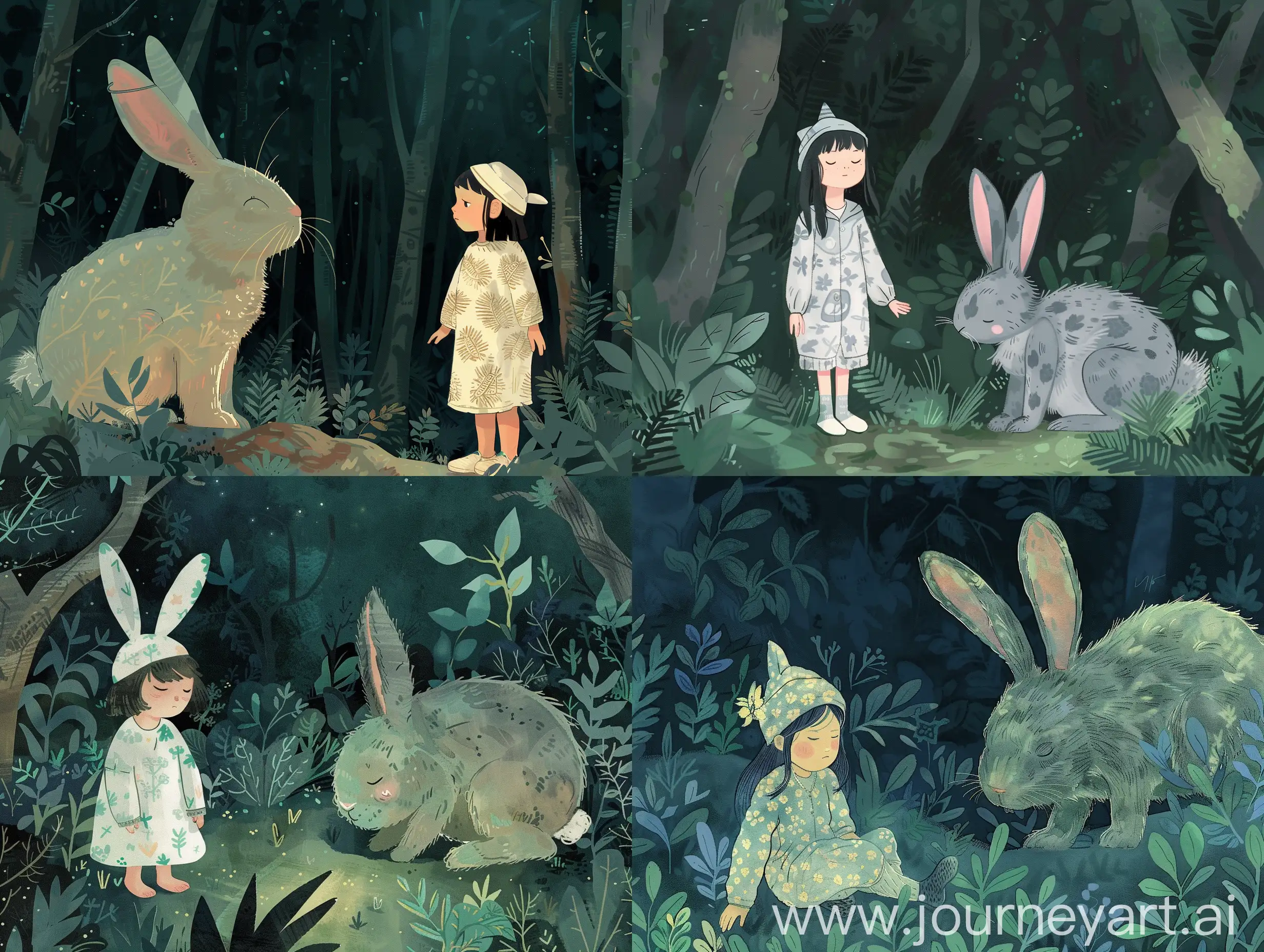 Sleepwalking-Girl-in-Pajamas-with-Giant-Rabbit-in-Fairy-Tale-Forest