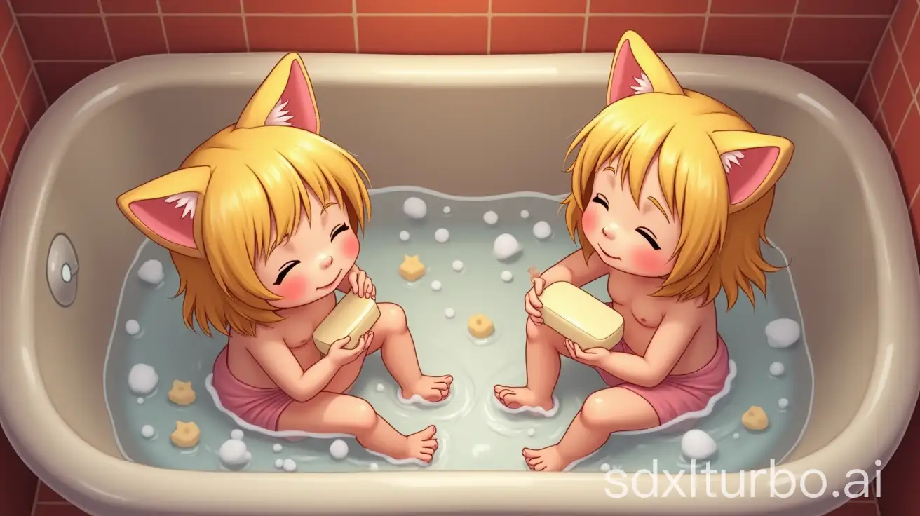 Two-Pregnant-Blond-Girls-Washing-with-Ivory-Soap-in-Preschool-Bathtub