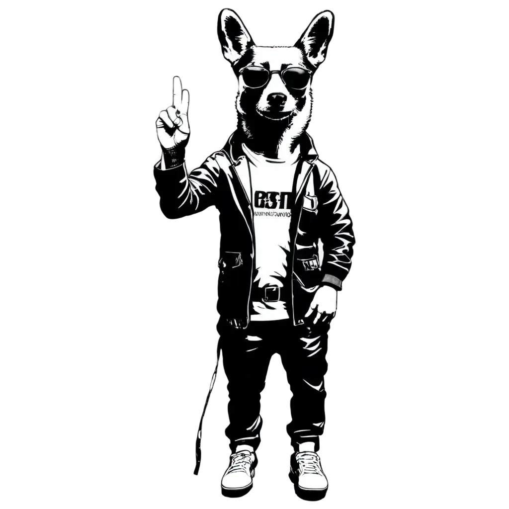 cool dog with sunglasses flipping the middle finger 🖕 in the black and white stencil artistic style of the artist banksy