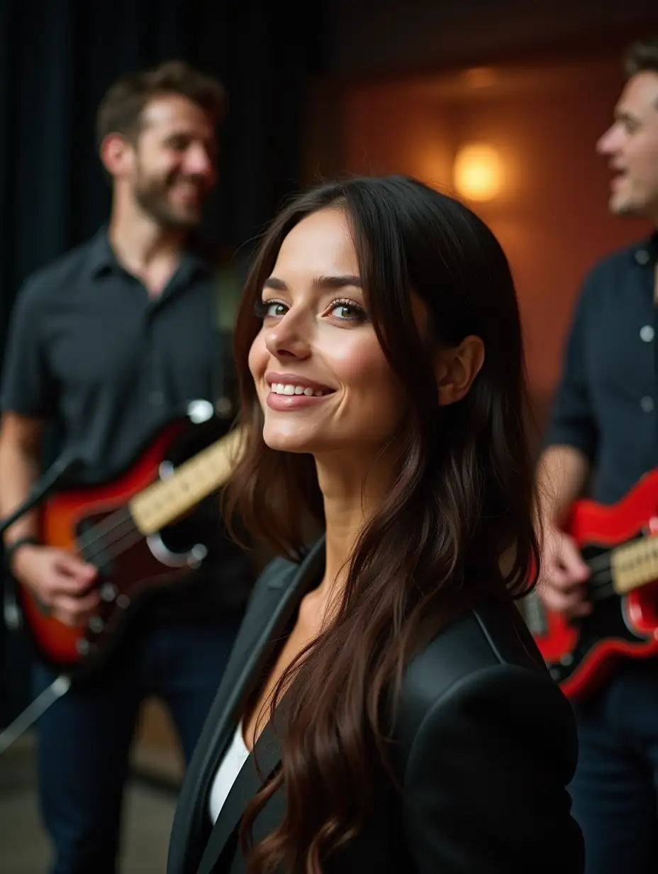 A musical group on stage with a bassist, a drummer and a very beautiful singer, a brunette with green eyes, with a close-up of the singer