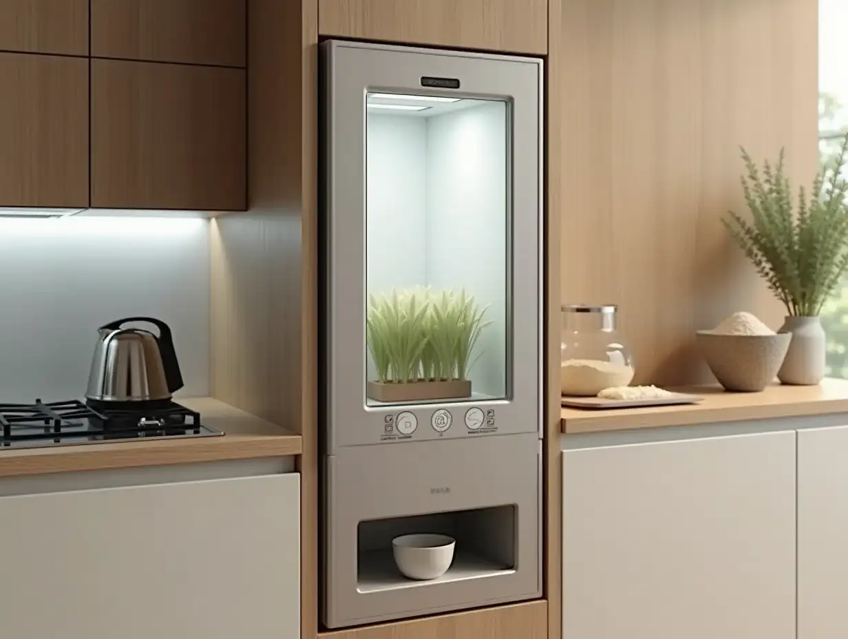 In the kitchen, there is a built-in, retractable, narrow vertical cabinet, similar to a refrigerator that can control temperature and humidity. The top of the cabinet is a transparent window where you can see rice or flour inside. The front side has a scale and buttons, and there's a cup of rice at the bottom. Like an embedded coffee machine.