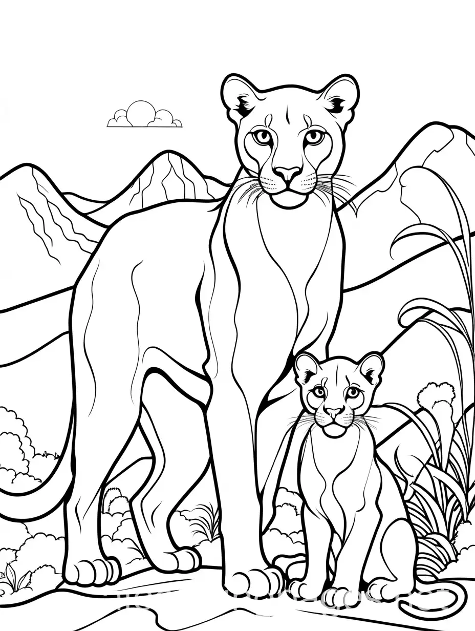 a Mountain Lion and his Baby, Coloring Page, black and white, line art, white background, Simplicity, Ample White Space. The background of the coloring page is plain white to make it easy for young children to color within the lines. The outlines of all the subjects are easy to distinguish, making it simple for kids to color without too much difficulty