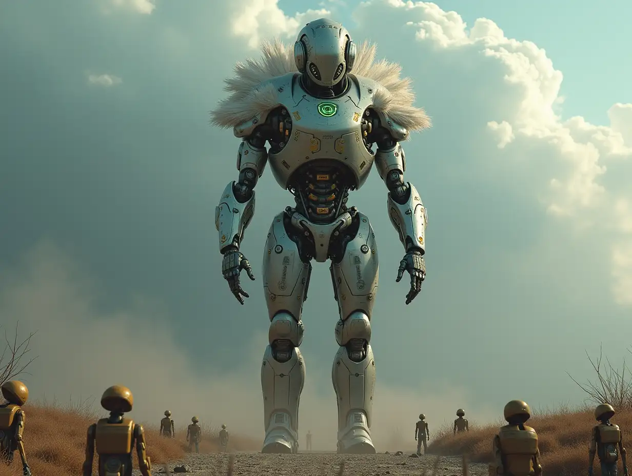 Create a high-resolution, realistic image of artificial intelligence Robert, 15 meters tall, with eyes, arms and legs, with feathers on the cheeks and a glass helmet with a glass brain, screws made of gold with many grenades on the ground, on the veus with aliens in 4k resolution