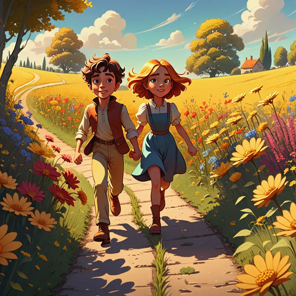 Jules and Lina Exploring a Colorful Flower Field