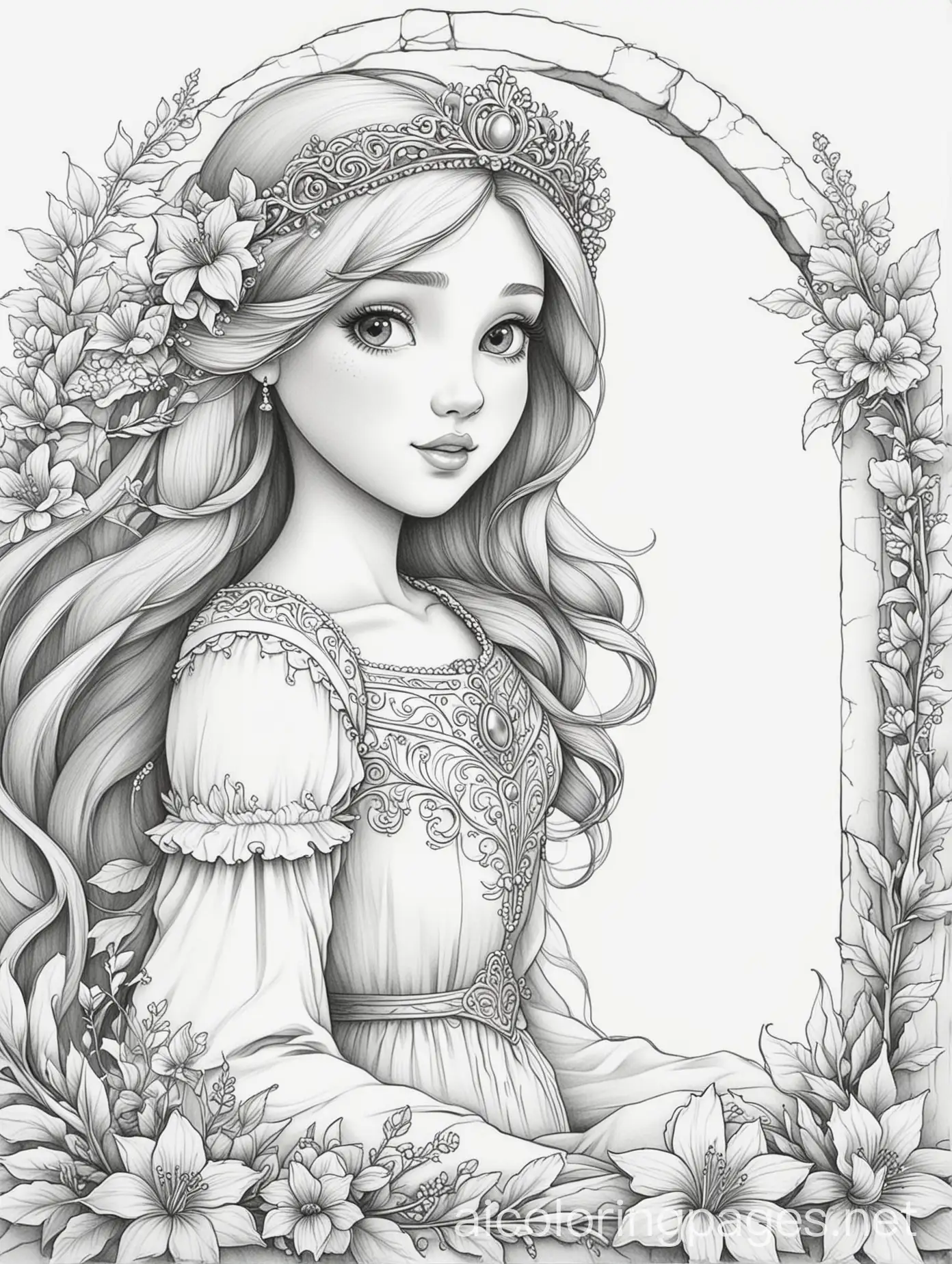 Princess-with-Flowers-on-Cliff-Coloring-Page