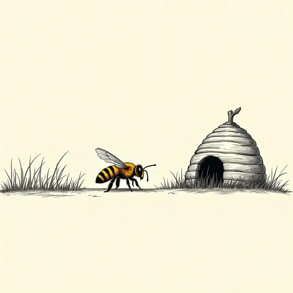 Bee-Approaching-Bee-Hive-Outline-Sketch