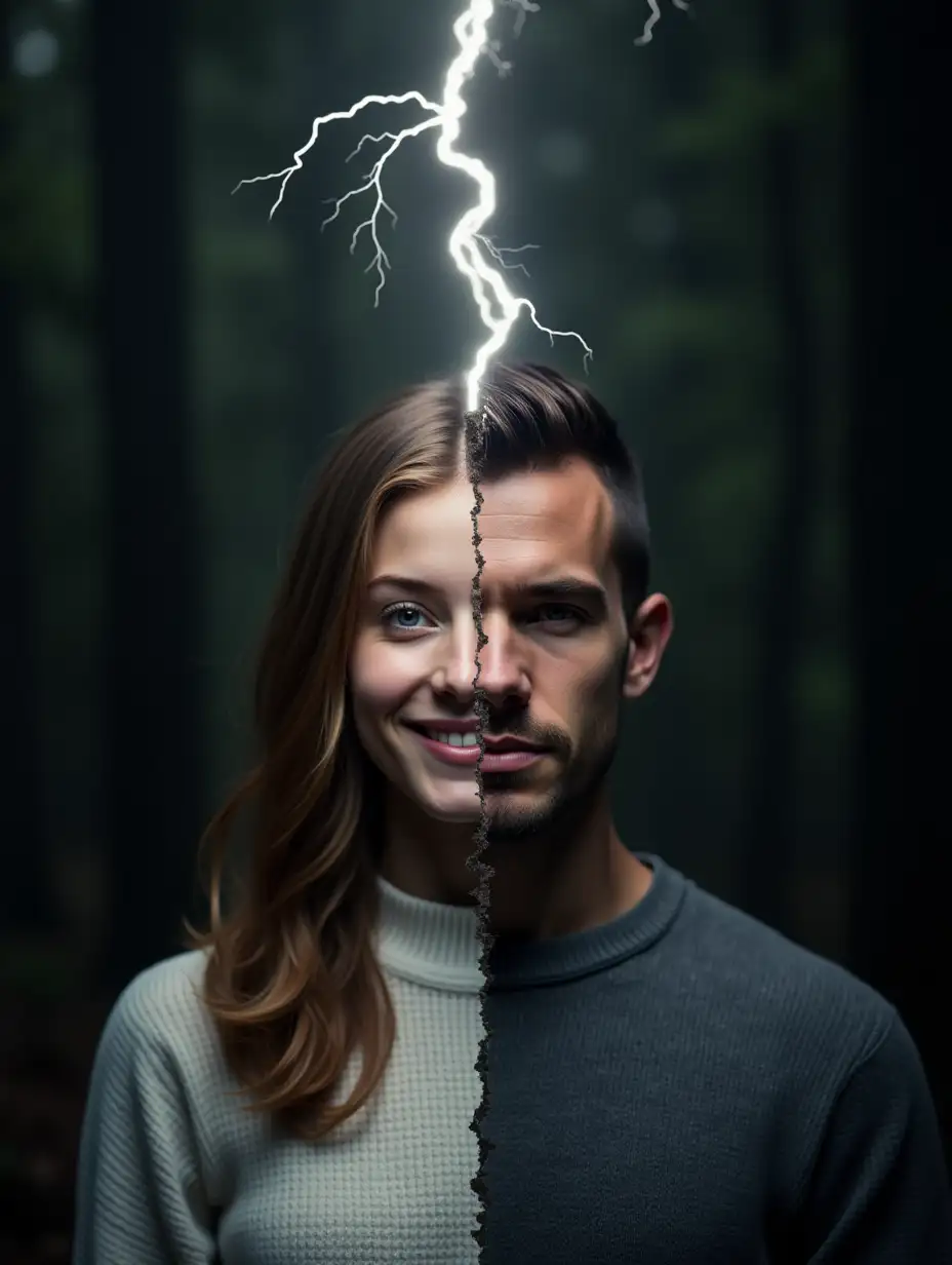 Input human head, split by high voltage arc into two halves. On one side - a smiling beautiful girl with long hair, dressed in a white sweater, and on the other side - a serious brutal guy, brunette, dressed in gray jumper. Head proportions are maintained. Style - real photo. Background - dark forest