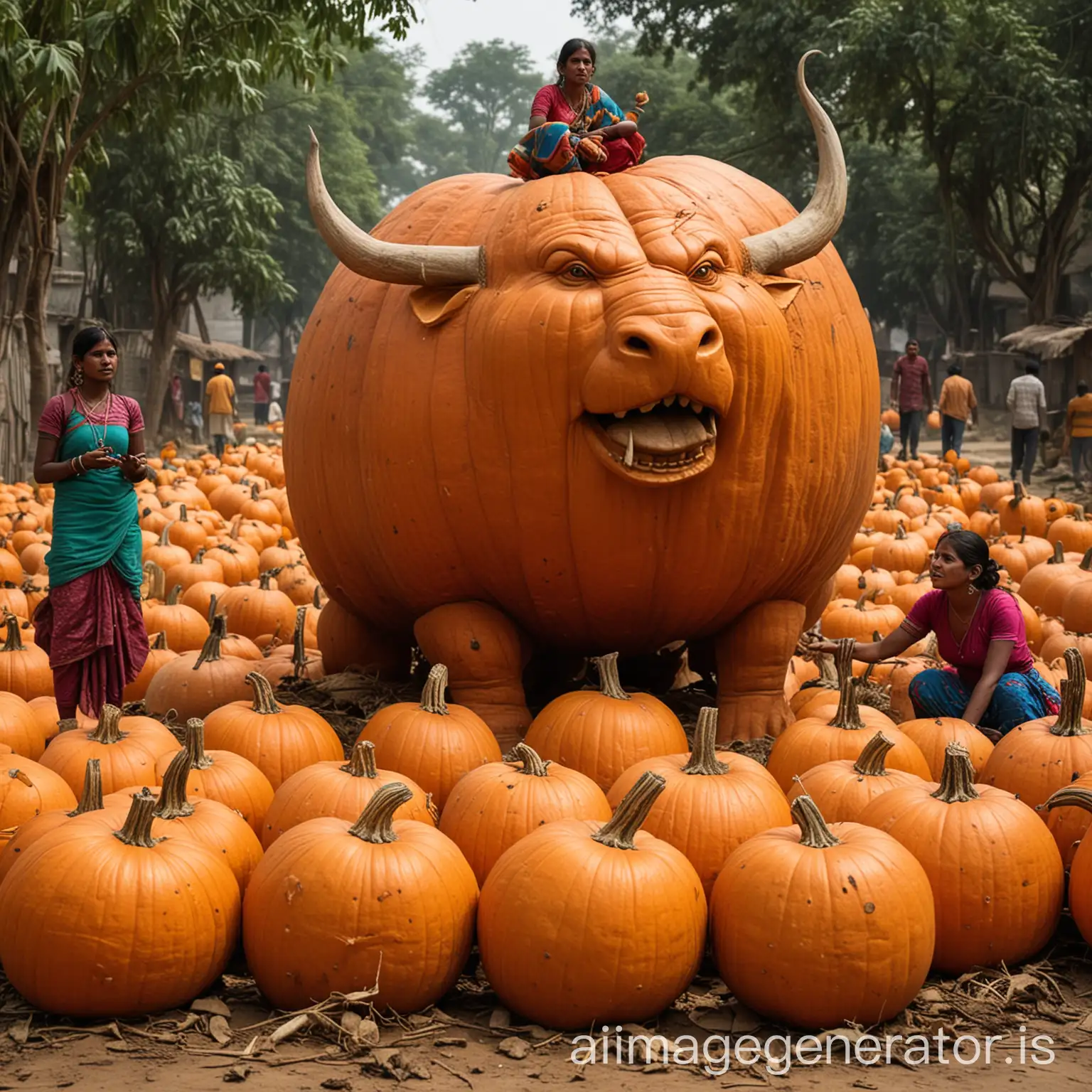 Indian-Woman-Crafting-a-Bull-from-Pumpkin-with-Onlookers