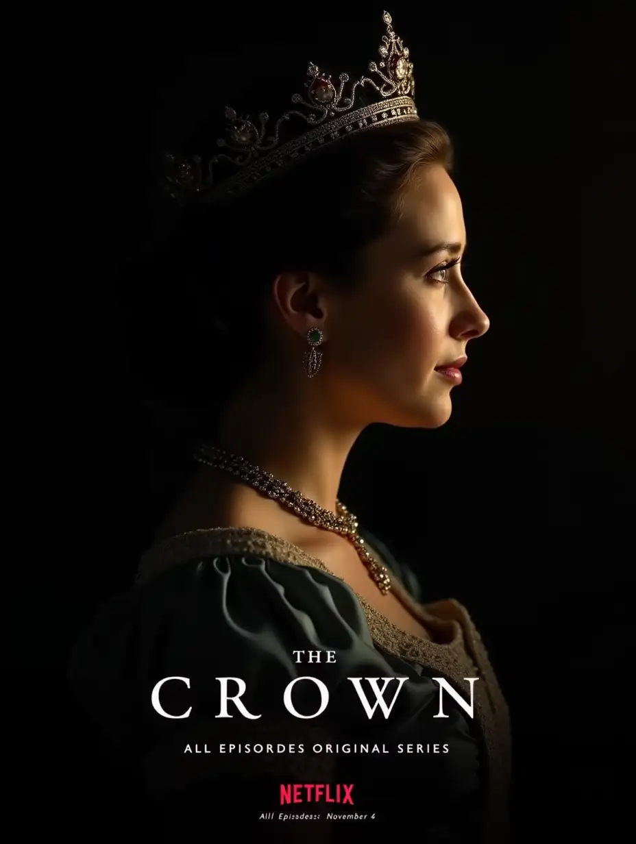 A dramatic and elegant movie poster inspired by The Crown Netflix series. A royal young woman in side profile, wearing a detailed, majestic crown and vintage jewelry, her face softly lit against a dark black background. The atmosphere is regal and cinematic. At the bottom, include the series title THE CROWN in elegant serif font, centered in white text. Below that, in smaller text, add: A Netflix Original Series. Include a red Netflix logo and the release date All Episodes November 4 beneath the title. The text should be part of the image, not added later. Vertical poster format, ultra realistic and high resolution.