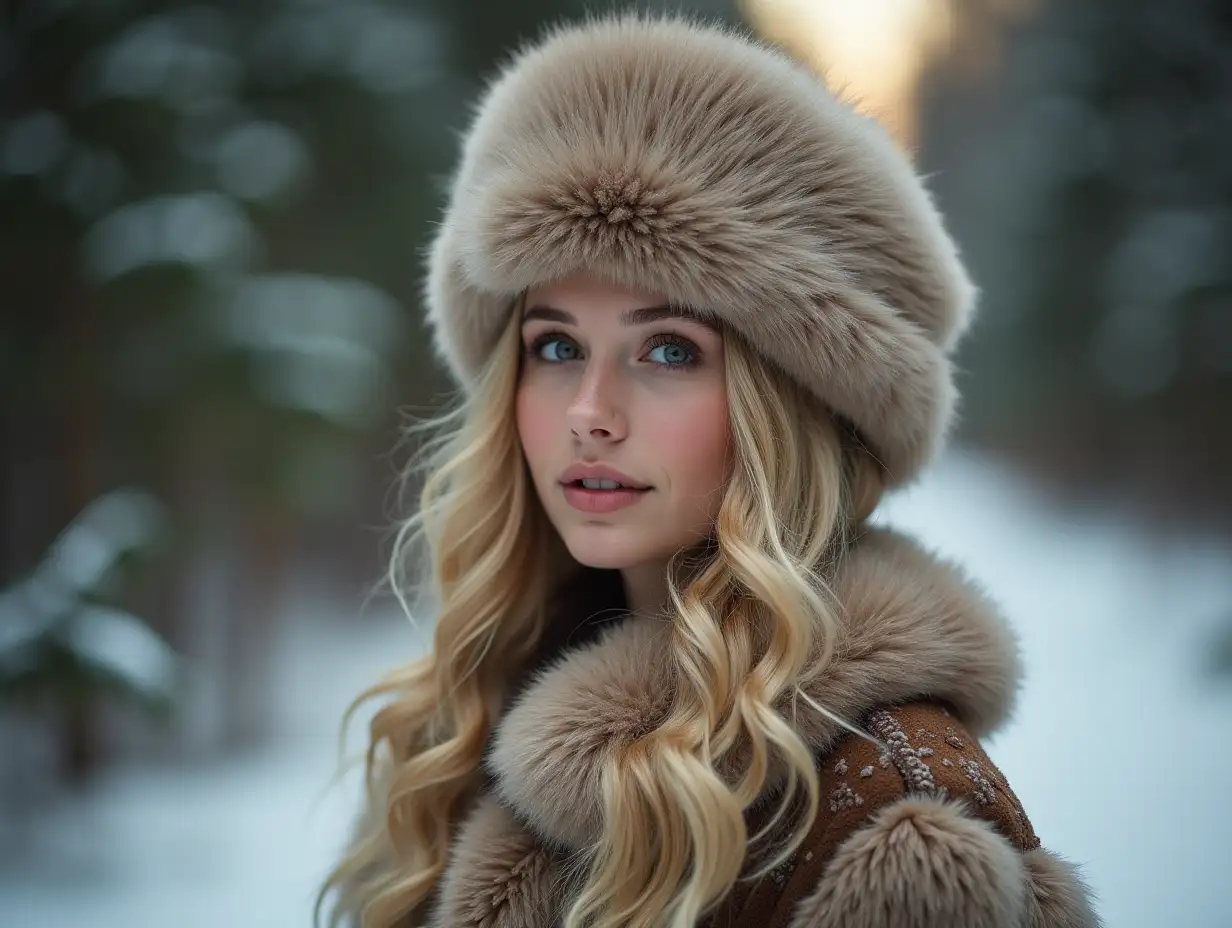 young woman with light wavy hair. In a luxurious fur coat and fluffy fur hat. Against a blurred background of green winter forest trees. Close-up. Super realism, realistic artistic photography, warm natural color palette, soft scattered light, cinematic style, textures of fur detailed, shot on Nikon D610 camera