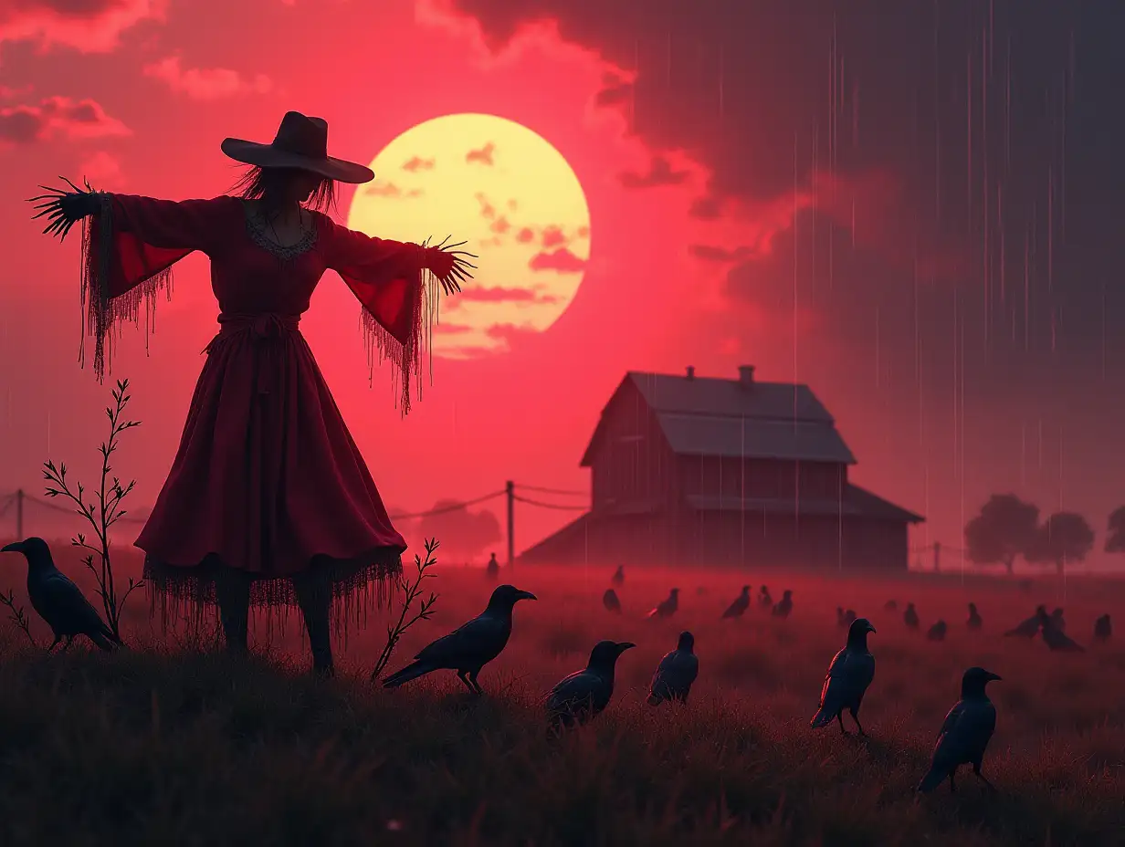 Farm, scarecrow in a red dress and against a pink sunset and many crows and rain with lightning