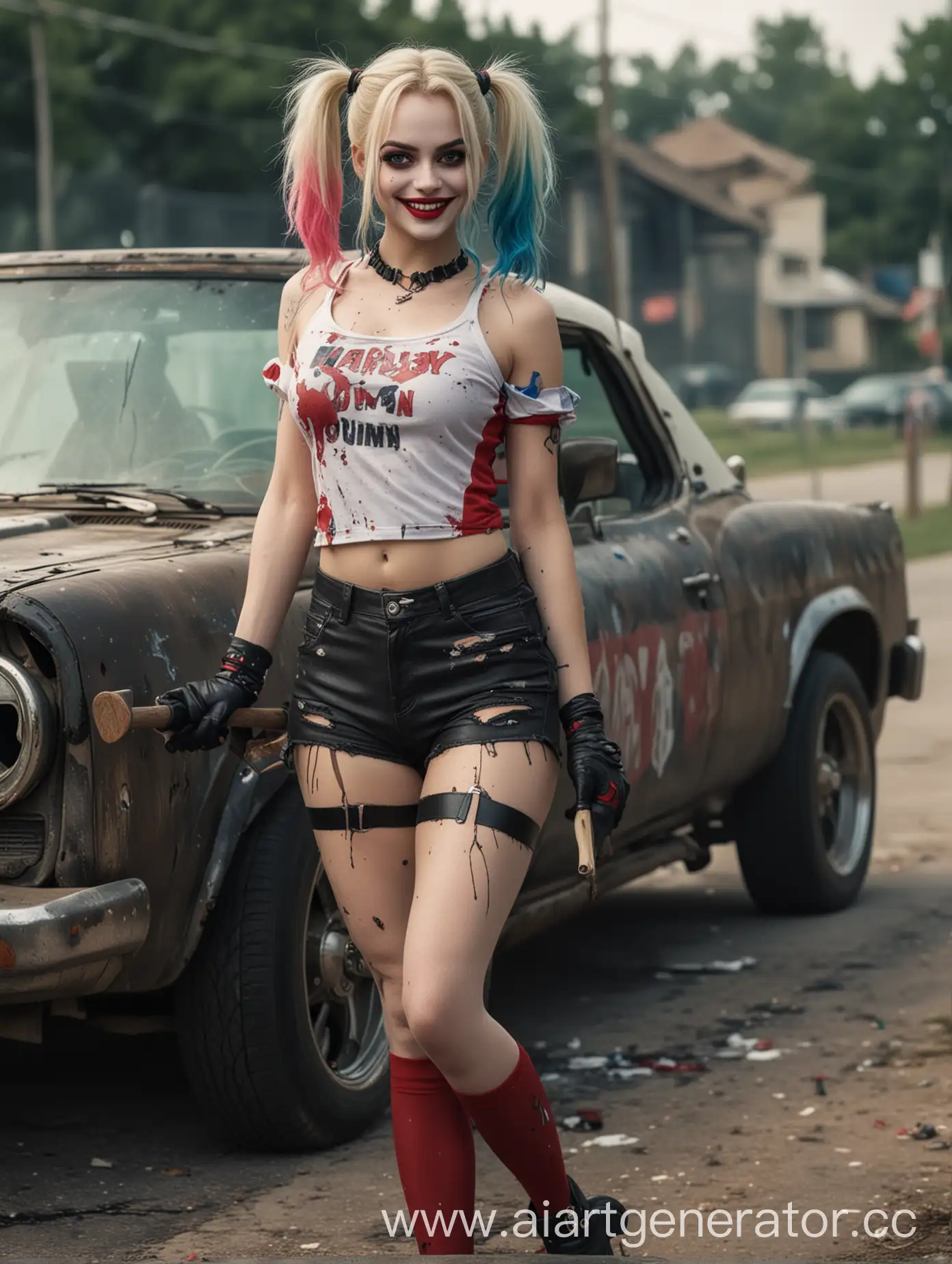 Harley-Quinn-Leaning-on-a-Car-with-a-Bat-in-Hand-and-Torn-Pantyhose