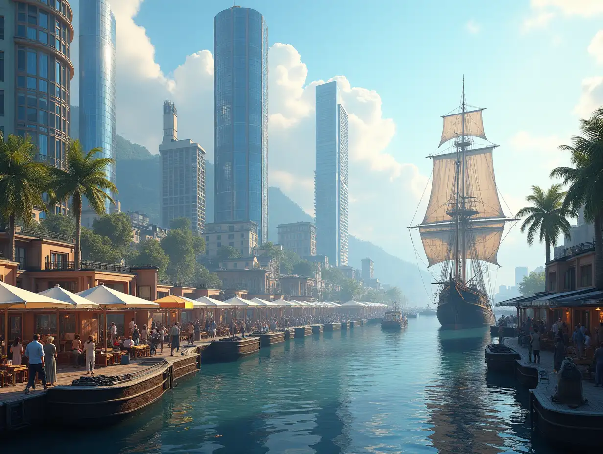 Create a photorealistic image of a modern city, with a large modern harbor, with a marketplace, with people and a large modern sailing ship, 8K resolution