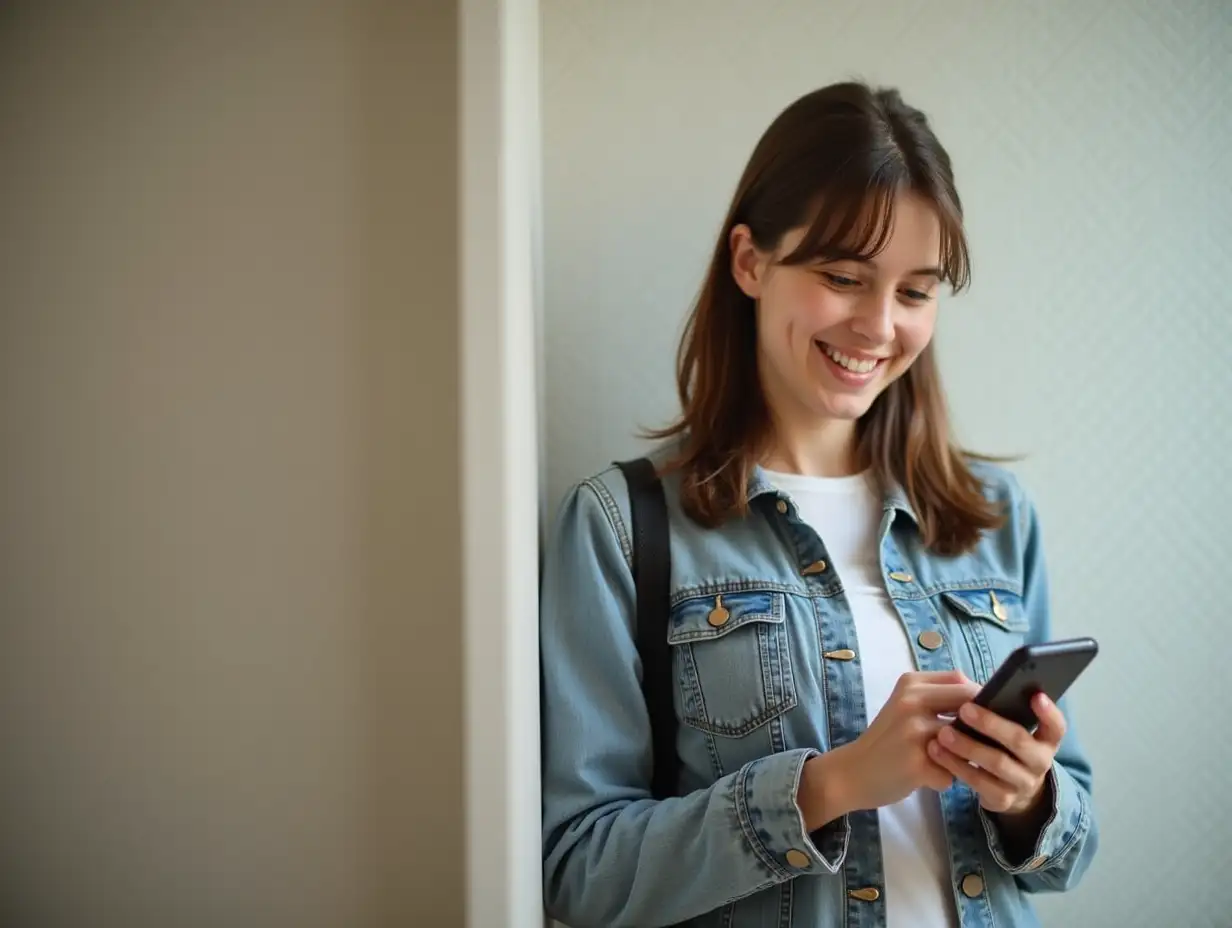 Smiling student girl typing message on the phone, holding her smartphone with both hands