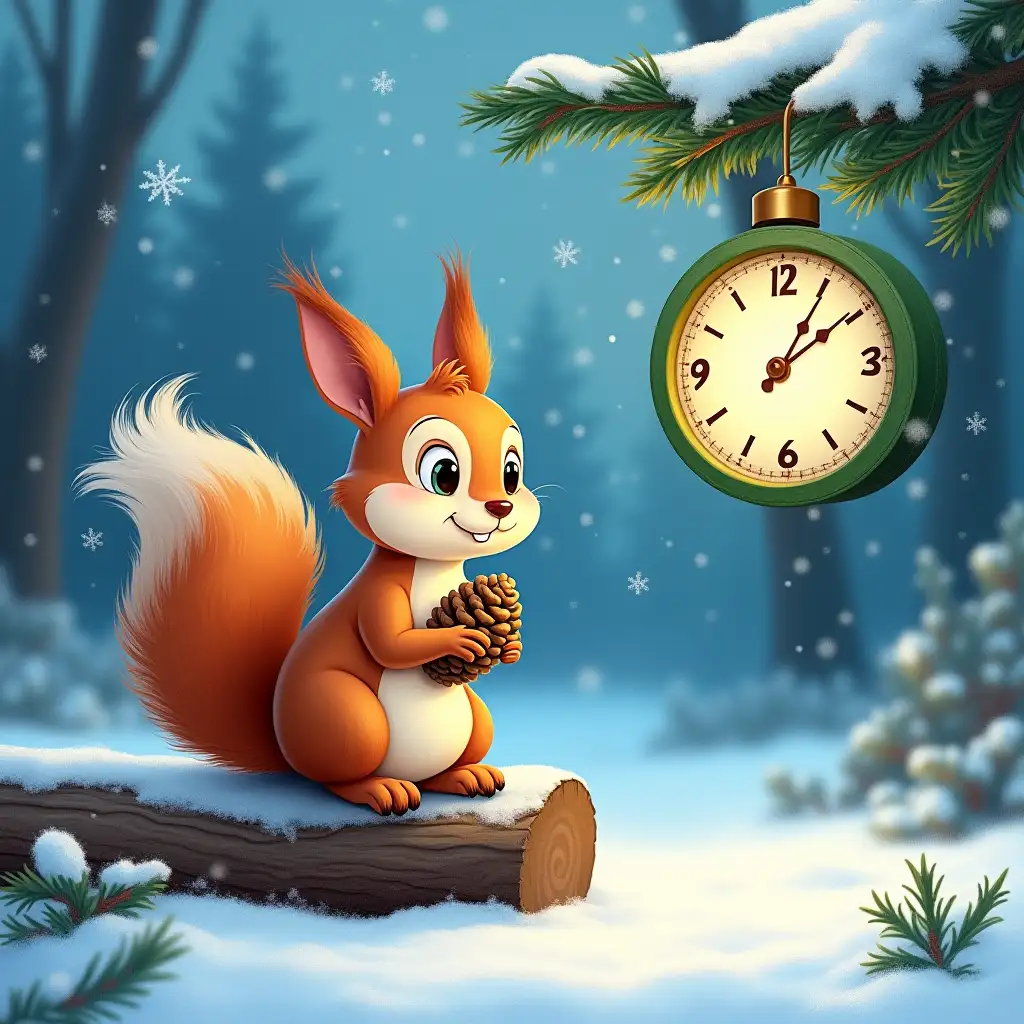 The image is a Christmas greeting card with an animated image of a cute and beautiful squirrel sitting on a log in a snowy forest. The squirrel holds a pine cone and looks at the clock hanging from the branch of a Christmas tree. The clock has a green dial with white numbers and hands, Against the background are depicted snowflakes and trees, as well as a blue sky with white clouds. Evening, watercolor