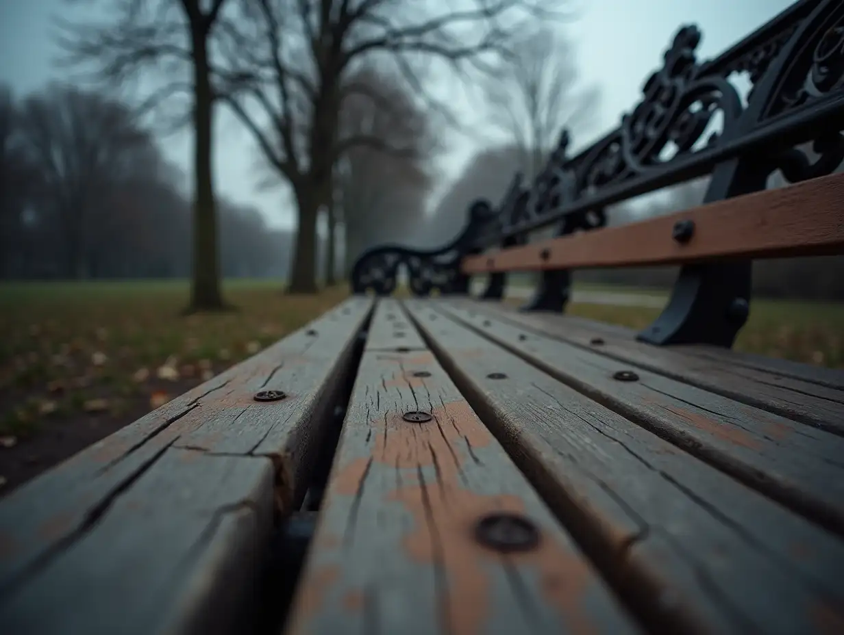 Weathered-Wooden-Park-Bench-with-Ornate-Bronze-Backrest-in-Overcast-Park-Setting