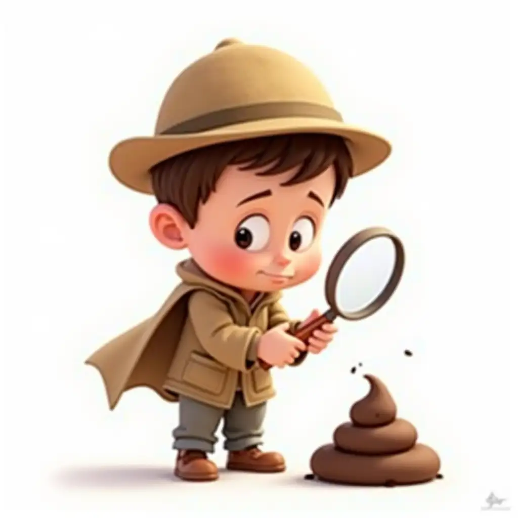 An animated boy in a detective costume examines a little pile of poop through a magnifying glass. High detail. White background