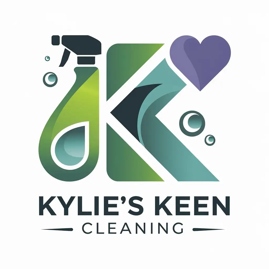 LOGO Design for Kylies Keen Cleaning EcoFriendly Spray Bottle Bubbles with Purple Heart in Green and Blue