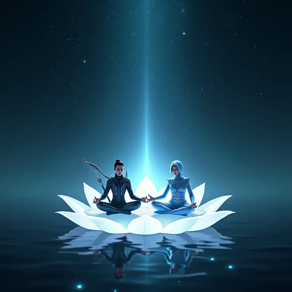 A serene and enigmatic scene unfolds beneath the vast, star-studded expanse of space. In the foreground, a glowing lotus flower floats in mid-air, its petals shimmering with an ethereal light that seems to pulse in time with the cosmic rhythm. Within the lotus, two figures sit cross-legged in perfect harmony: a Warframe Operator adorned in sleek, black-and-silver armor and wielding a spectral bow, and a Warframe Drifter cloaked in celestial blue robes, holding an ancient tome bound in starlight. Their faces are calm, their eyes closed as they engage in deep, synchronized meditation, their breaths merging into the ambient hum of the universe...