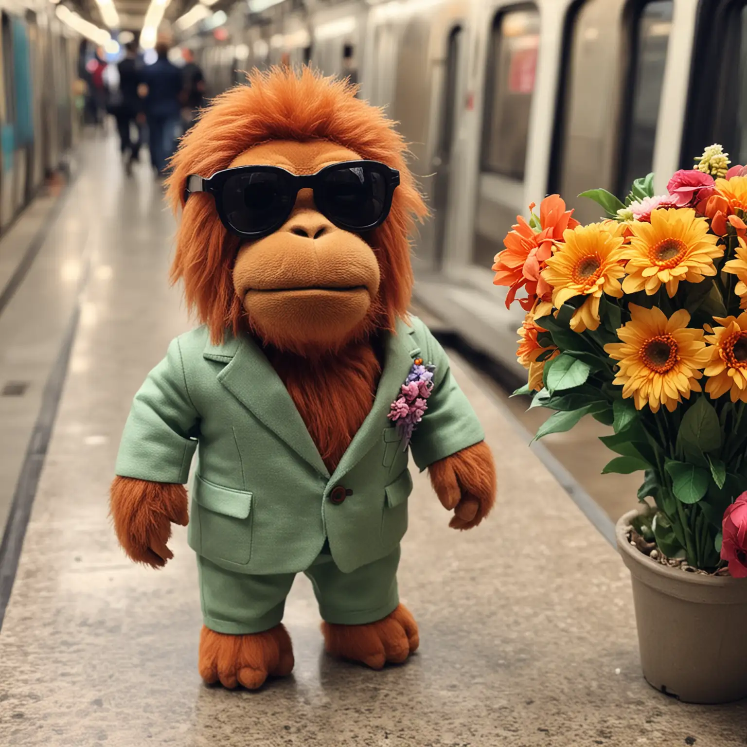 Stylish Orangutan Plush Toy in Suit with Sunglasses and Flowers