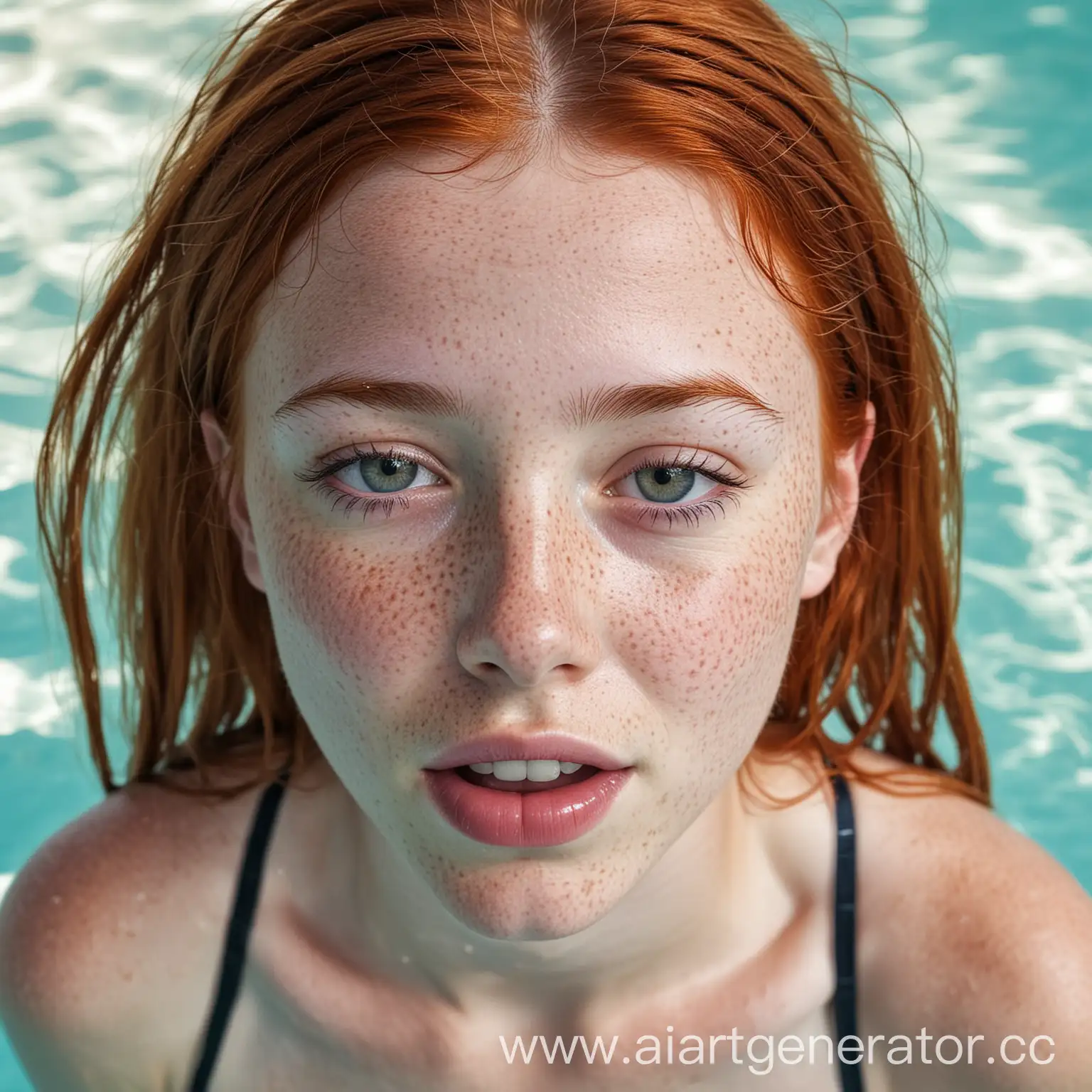 14 year old girl, facing camera, red hair, freckles, clear skin, caucasian, beautiful, at pool, barefoot, close camera, mouth open, tongue out, eyes looking up