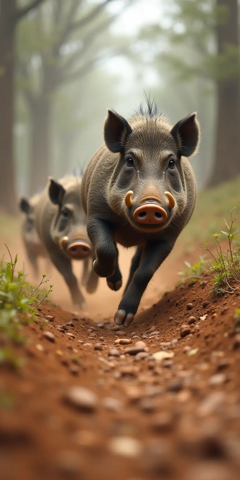 Warthogs Running Down a Hill with One Pig Leading the Charge