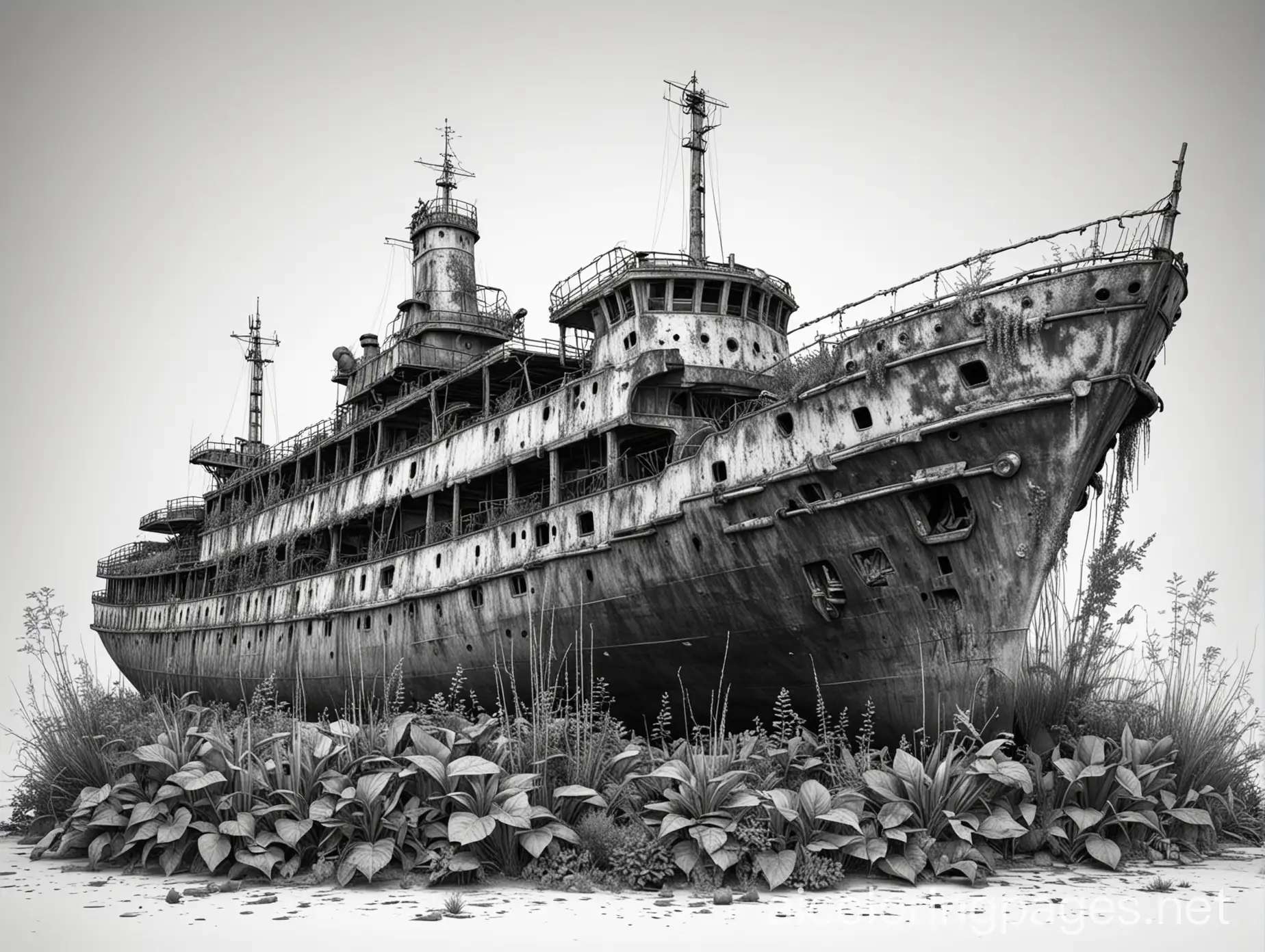 black and white ultra realistic steampunk abandoned ruined rusted post apocalyptic cruise ship  with missing parts with overgrown plants, Coloring Page, black and white, line art, white background, Simplicity, Ample White Space. The background of the coloring page is plain white to make it easy for young children to color within the lines. The outlines of all the subjects are easy to distinguish, making it simple for kids to color without too much difficulty