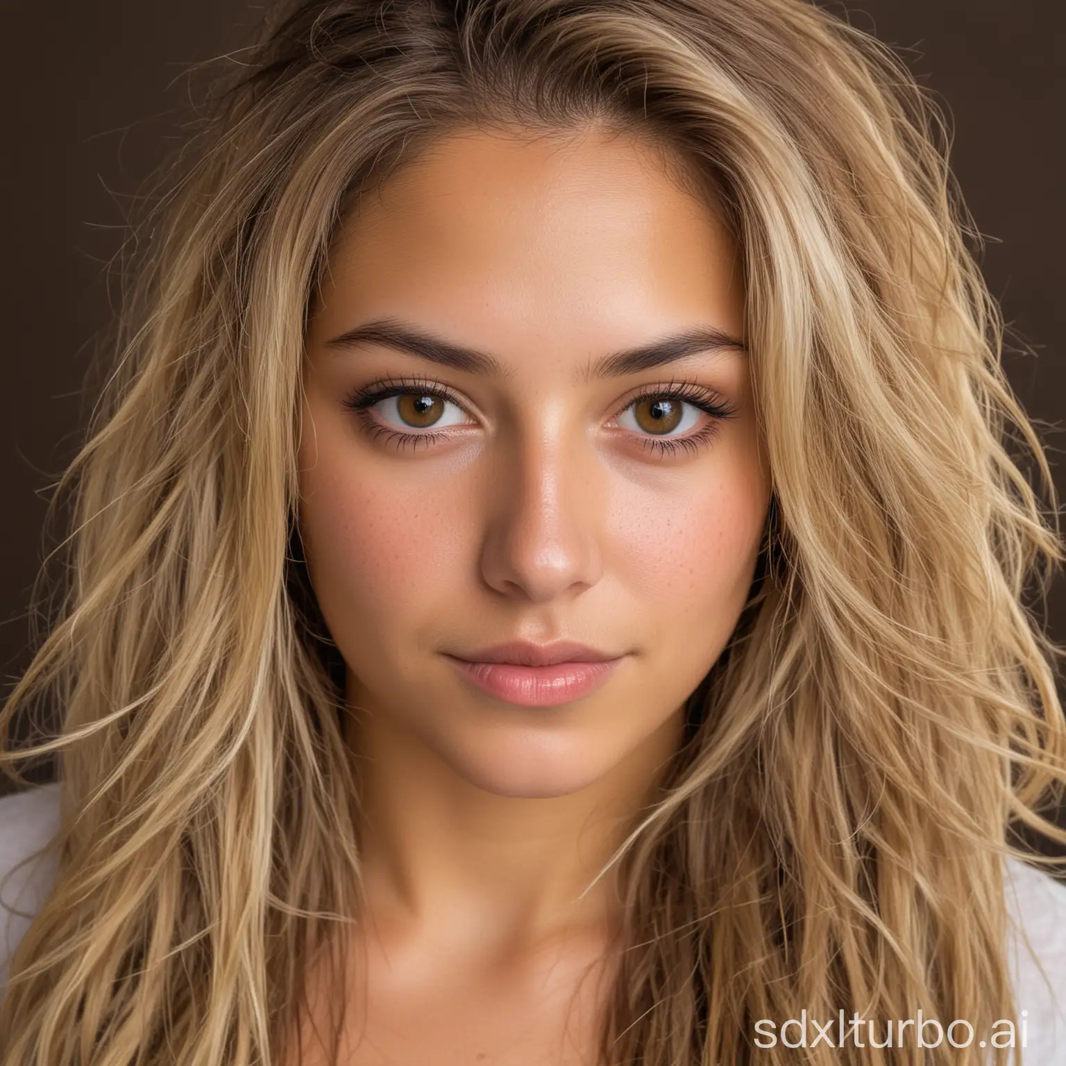 Beautiful woman, 25 years old. Hazel eyes, and striking features. Ethnicity is Mexican and white with long dirty blonde hair. Slight smile but with a mischievous facial expression. Perfect skin.