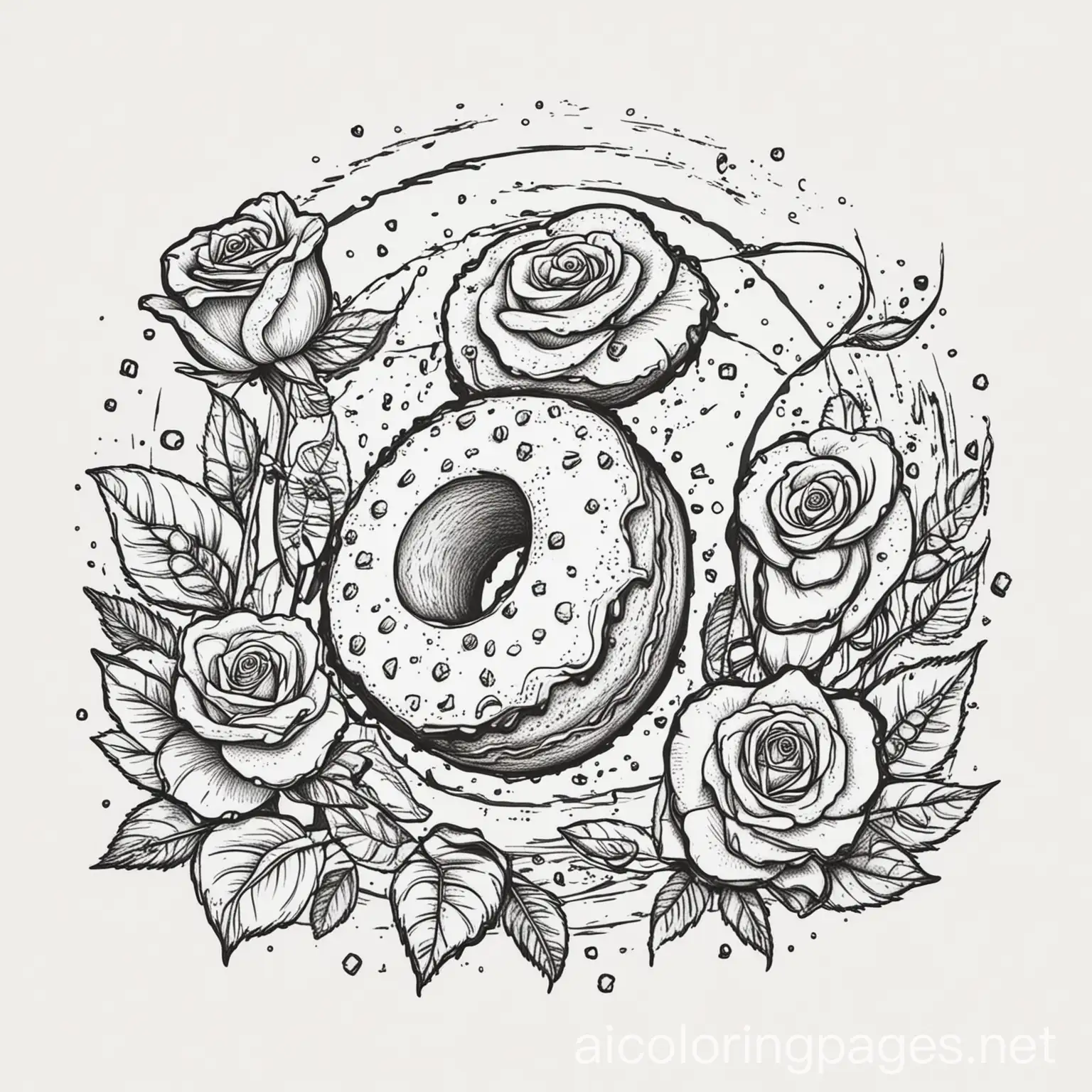 Children-Coloring-Page-Roses-and-Falling-Donut-Black-and-White-Line-Art