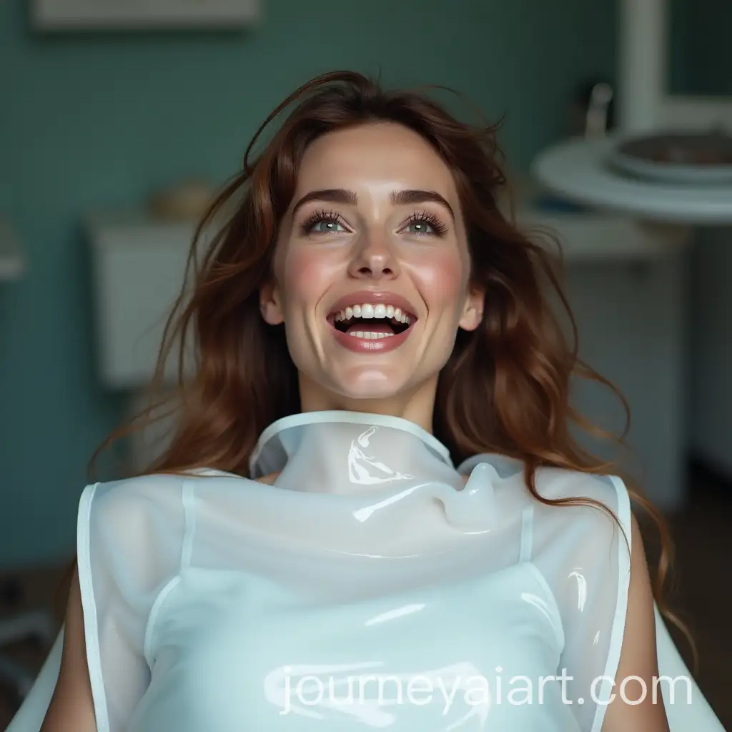 Woman-in-Dentist-Chair-with-Transparent-PVC-Mealtime-Bib-and-Visible-Teeth-Issues