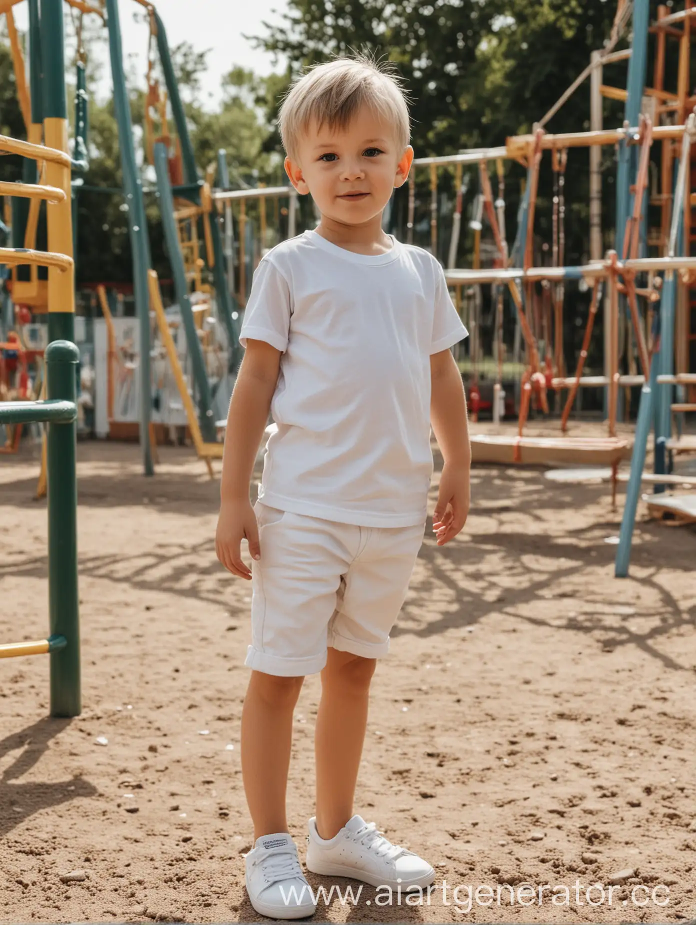 A little boy in a white T-shirt and white shorts is standing on the kids playground