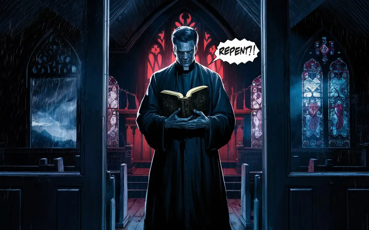 Sinister Priest in Church Holding Bible and Saying Repent