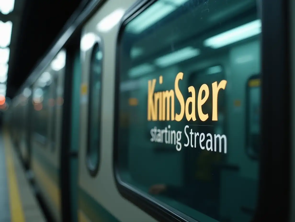 The train is traveling in close-up through the city of Tokyo with the text on the cars “KrimSaer starting Stream” camera zoomed in on the text in close-up