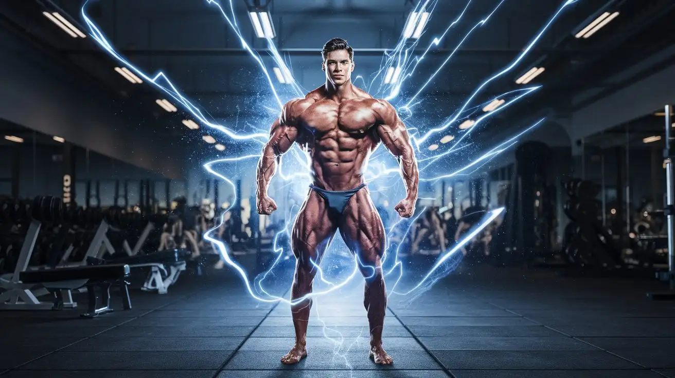 Powerful-Bodybuilder-Transforms-into-Ultraman-with-Blue-Energy-in-Gym-at-Night