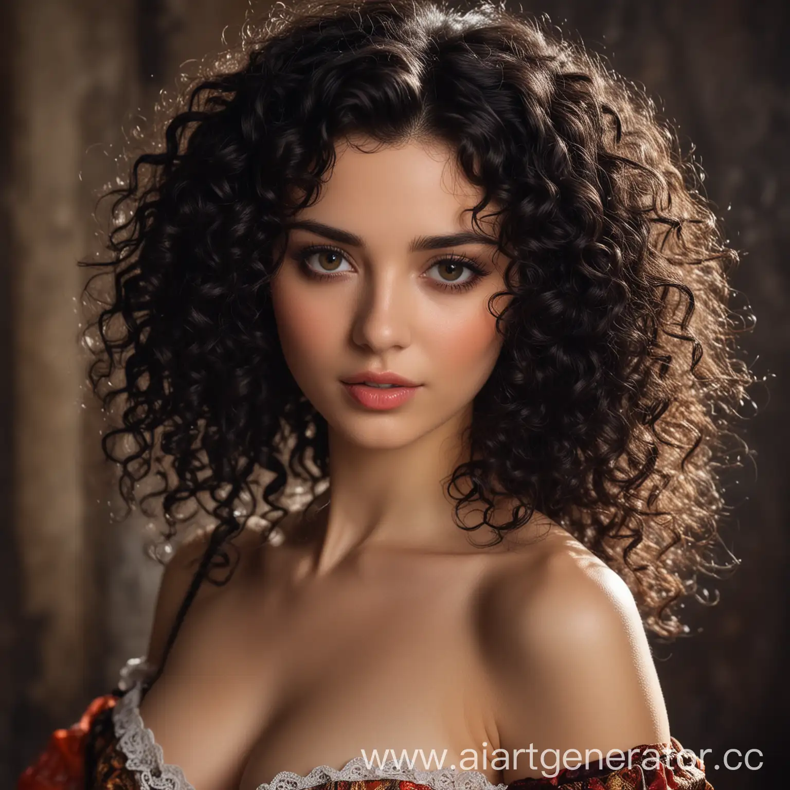 Elegant-Curly-BlackHaired-Courtesan-with-Dark-Eyes-in-a-Luxurious-Setting