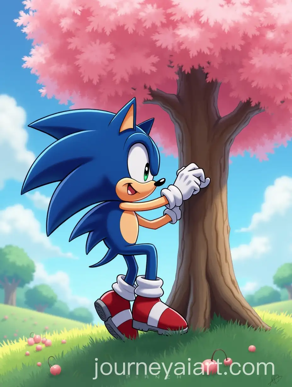 Sonic-the-Hedgehog-Excitedly-Observing-a-Cherry-Tree-Climb
