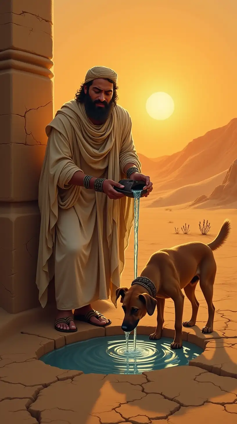 Man and Dog Finding Relief from Drought in a Desert Landscape